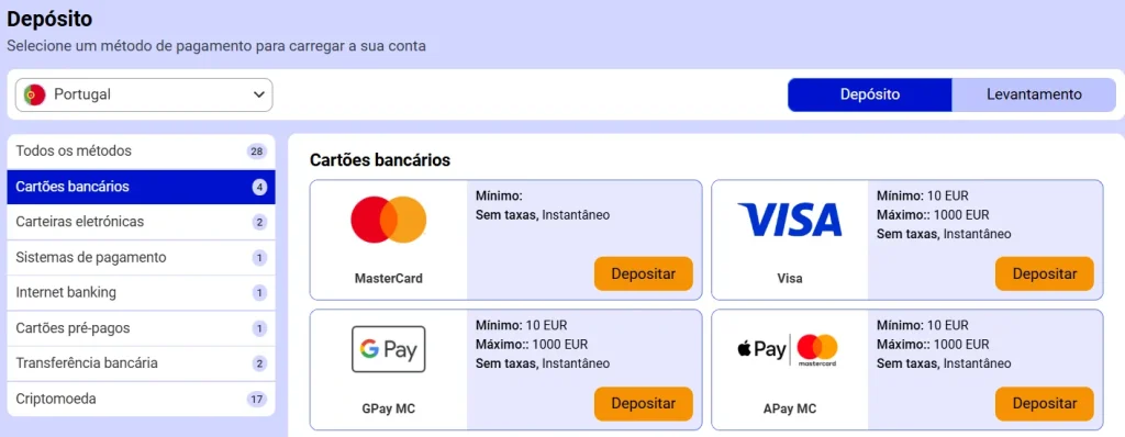 Métodos de Pagamento no Paripesa Casino